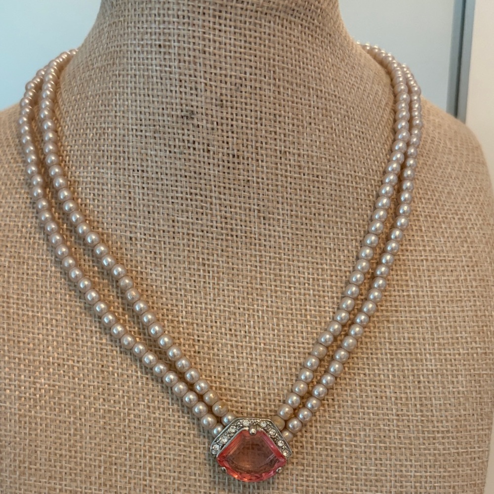 Double Strand Faux Pearl Vintage Necklace with Pink Gem Pendant
